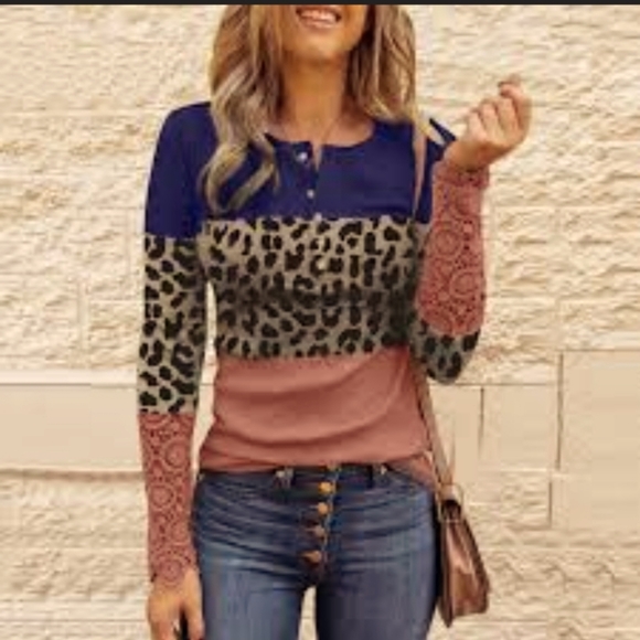 Leopard Colorblock Crocheted Long Sleeve Button Up Blouse, Medium - Picture 1 of 10